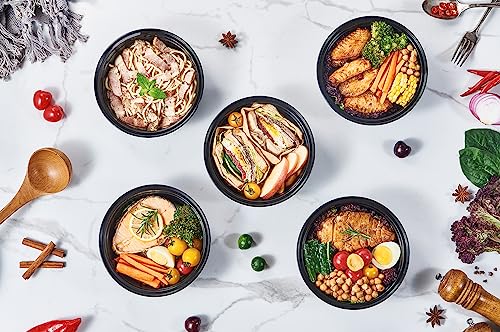 32 oz 50 ct Round Meal Prep Containers with Lids Plastic Food Storage Lunch Plan To Go Box Disposable Take Out Bowls Black BPA Free Reusable Durable Stackable Microwave Freezer Dishwasher Safe (50 Count)