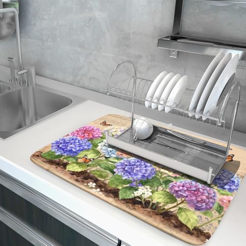 Vintage Flowers Dish Drying Mat Large 24 X18 Hydrangea Microfiber Drying Matt Kitchen Counter