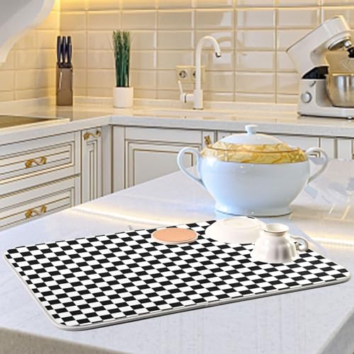 Black White Checkered Pattern Dish Drying Mat for Kitchen Counter Absorbent Microfiber Drying Pad
