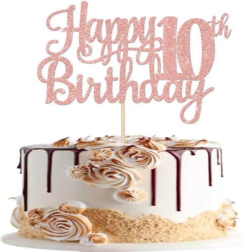 1 PCS Happy 10th Birthday Cake Topper Glitter Cheers to 10 Years Birthday Cake Pick 10 Fabulous Double Digits Cake Decoration for Happy 10th Birthday Theme Party Decorations Supplies Rose Gold