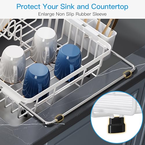White Dish Drying Rack Over the Sink with Utensil Holder