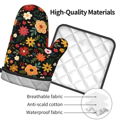 Boho Floral Oven Mitts and Pot Holder Set of 2 Colorful Flower Heat Resistant Hot Pads Non Slip Washable for Kitchen Cooking Grilling BBQ