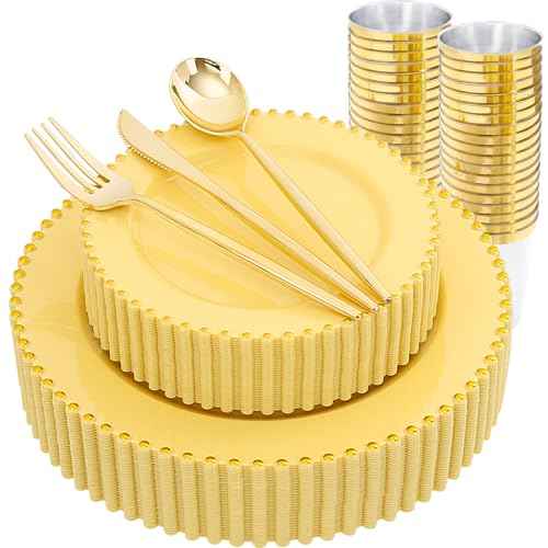 180PCS Yellow Gold Plastic Plates Set for 30 Guests Wedding Party (180 Count)