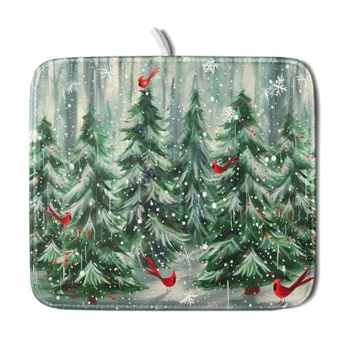 Winter Pine Tree Dish Drying Mat Red Bird Berry Dishes Drainer Mats Absorbent Microfiber Kitchen Counter Protector Drying Mats 16x18 Inch