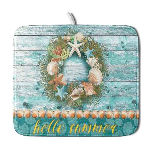 Coastal Wreath Dish Drying Mat 16x18 inch Starfish Shell Absorbent Microfiber Dish Rack Mats Drainer Pad Kitchen Countertop Accessories