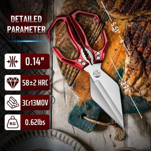Heavy Duty Poultry Shears for Food with Red Ergonomic Handle
