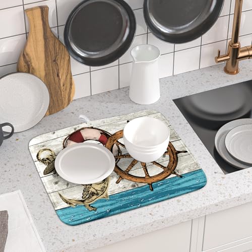 Nautical Anchor Dish Drying Mat 16x18 inch Coastal Boat Fast Dry Microfiber Reversible Dish Drainer Pad Kitchen Countertop Tabletop Decor