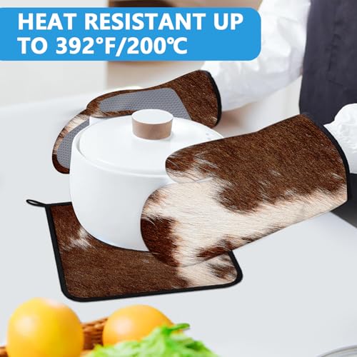 Brown Cow Print Oven Mitts and Pot Holders Sets Heat Resistant 4Pcs Potholders Oven Gloves Hot Pads for Kitchen Baking Cooking Grilling BBQ (4 Count)