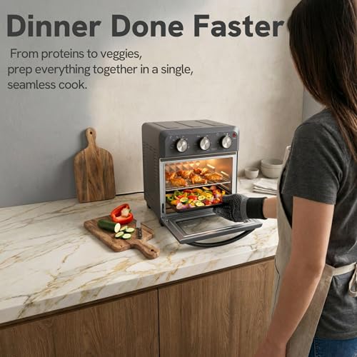 6-in-1 Retro Air Fryer Toaster Oven Combo, Compact 12.7 QT Small Countertop Convection Oven, Fits 9" Pizza & 4 Toast, Hexagon Hybrid Heating, Enamel Baking Pan Included, Dark Grey Color