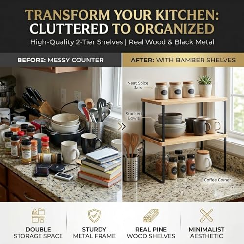 Large Cabinet Shelf Organizers Solid Wood Spice Rack Organizer for Cabinet Kitchen Countertop Storage (2 Set)