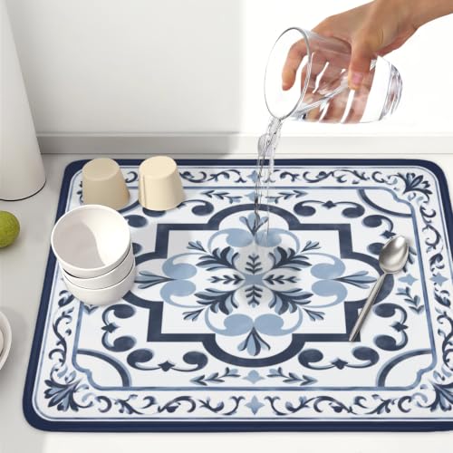 Navy Flower Dish Drying Mat Modern Boho Microfiber Dishes Drainer Pad 18x24 Inch Absorbent Fast Dry Dish Rack Mat for Kitchen Counter Sink