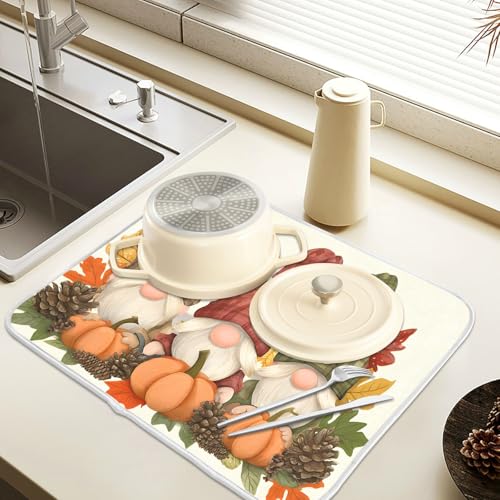 Fall Pumpkin Gnomes Maple Leaves Autumn3 Dish Drying Mat for Kitchen Counter Absorbent Microfiber Small Drying Pad Dish mats for Kitchen Countertops 16 x 18 Inch