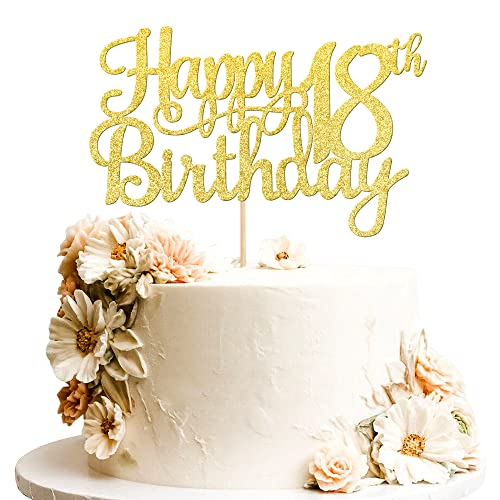 1 PCS Happy 18th Birthday Cake Topper Gold Glitter Cheers to 18 Years Birthday Cake Pick 18 Fabulous Cake Decoration for Happy 18th Birthday Theme Party Decorations Supplies
