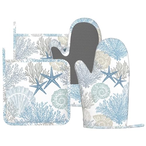 Nautical Coastal Oven Mitts and Pot Holders Sets Silicone Starfish Seashell Coral Beach Themed Kitchen Mitts Potholders Heat Resistant 4Pcs Ocean Oven Gloves Hot Pads for BBQ Grilling (4 Count)
