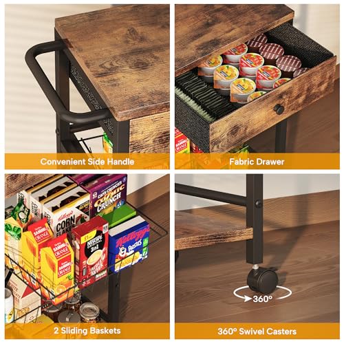 Kitchen Organizer and Storage Cart with Fabric Drawer and Convenient Handle