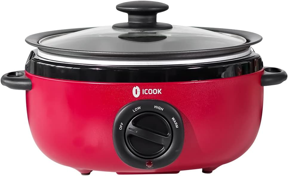 ICOOK USC-65-OP001RD 6.5 Quart Slow Cooker,Aluminium Sear/Sauté Stew Pot Stovetop safe,Dishwasher Safe,Glass Lid,Adjustable Temp,Food Warmer(Red) - Culinary Roots