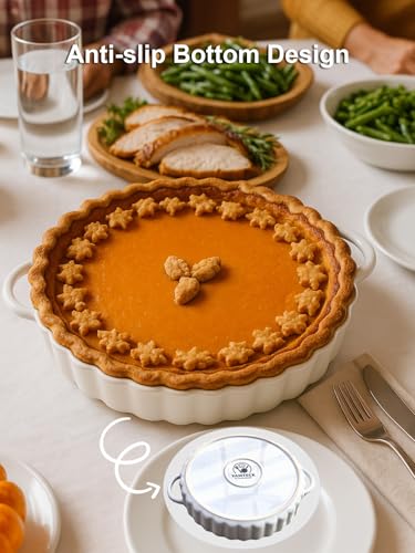 9×2in Deep Ceramic Pie Pan with Handles for Pie Quiche Tart Baking. Easy to grip