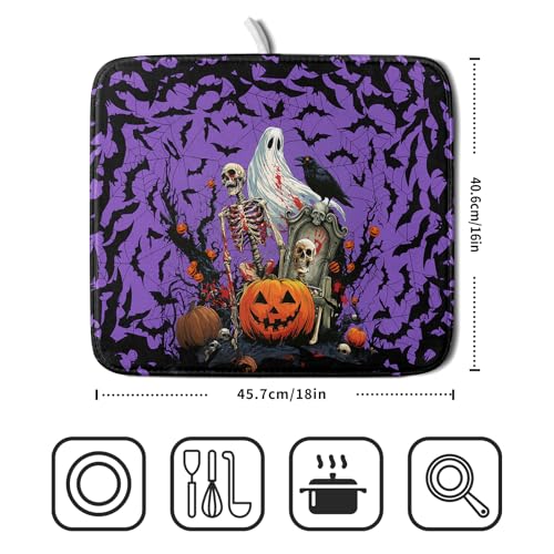 Halloween Pumpkin Dish Drying Mat 16x18 inch Spooky Ghost Bat Dish Rack Mats Microfiber Draining Pad Fast Dry Holiday Kitchen Accessories
