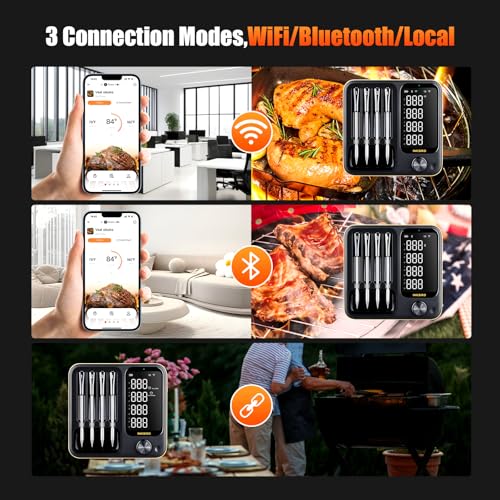 4 Probe WiFi Wireless Meat Thermometer with 360°Readable LCD Standalone Base