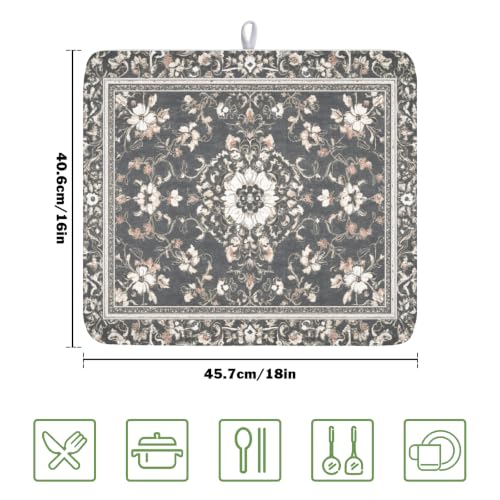Boho Floral Dish Drying Mat Grey Leaves Dishes Drainer Pad 16x18 Inch Microfiber Absorbent Kitchen Dry Rack Mat for Counter Tableware Decor