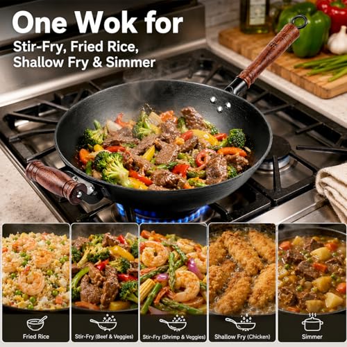 12.6 Inch Cast Iron Wok with Wooden Lid