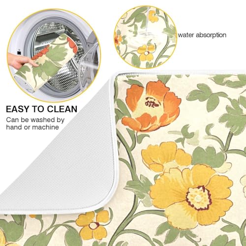 Retro Yellow Orange Flowers Dish Drying Mat for Kitchen Counter Absorbent Microfiber Drying Pad