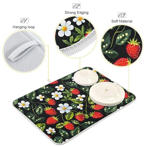 Strawberries White Flowers Dish Drying Mat for Kitchen Counter Absorbent Microfiber Drying Pad