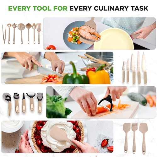 75-Piece Non-Stick Pots and Pans Set, Complete Ceramic Cookware Set with Bakeware, Utensils, Knife Set, & Accessories, Stain-Resistant, Food-Grade Safe, Cream/Brown
