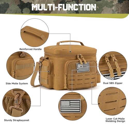 Tactical Lunch Bag for mens Military heavy duty lunch box work Leakproof insulated Durable Thermal Cooler Bag for Adult Meal for Office Camping Picnic Pail MOLLE Webbing Khaki