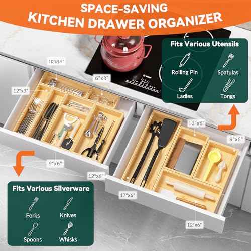 Bamboo Drawer Organizer for Kitchen Utensils (2 Count)