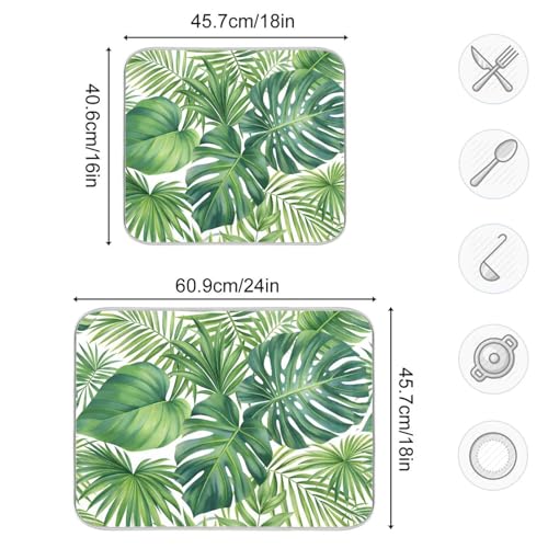 Green Monstera Palm Leaves Dish Drying Mat for Kitchen Counter Absorbent Microfiber Drying Pad