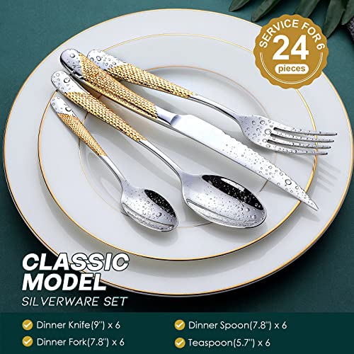 Hammered Silver Gold Silverware Set (24 Count)