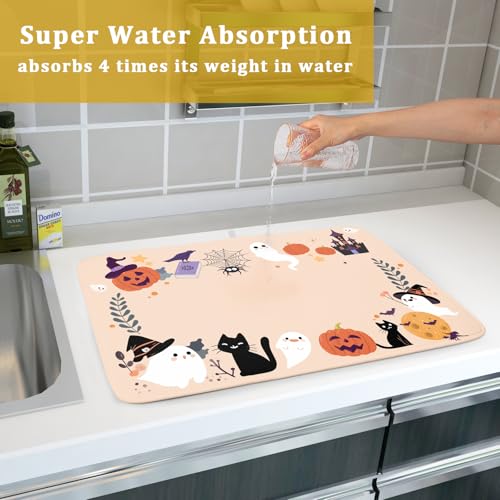 Fuuny Ghost Dish Drying Mats Holiday Decor Drying Pad Black Cat Drainer Rack Mats for Coffee Bar 18 X 24 Inch