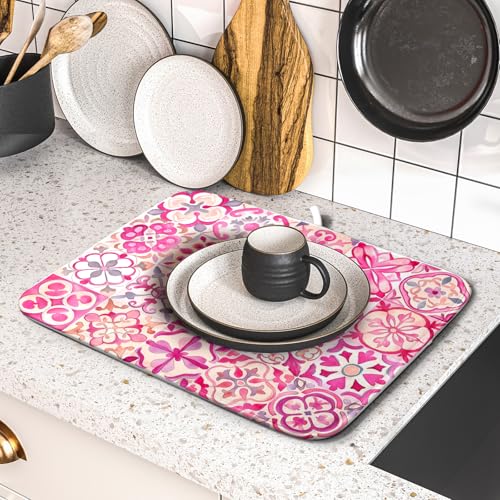 Pink Mexican Tiles Dish Drying Mat Absorbent Microfiber Dish Drying Pad for Kitchen Multi