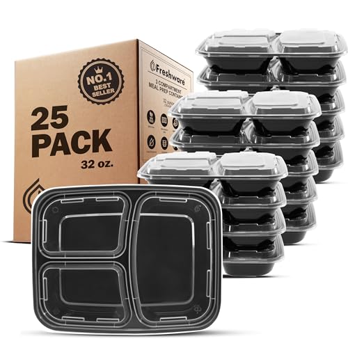 Meal Prep Containers [25 Pack] 3 Compartment with Lids (25 Count)