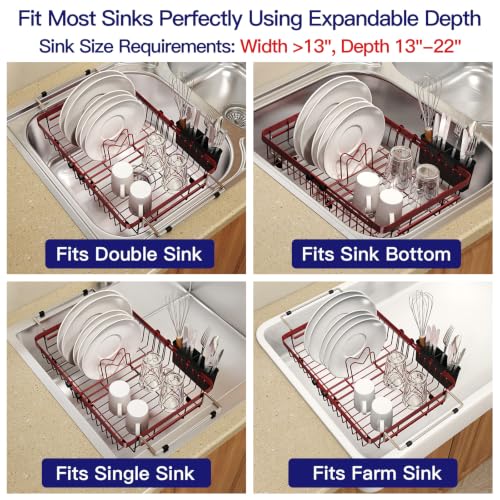 Red Expandable Dish Drying Rack Over Sink with Extra Drying Mat