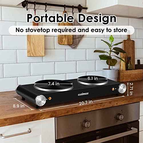 Hot Plate for Cooking 1800W Portable Electric Double Burner Countertop Cooktop Cast Iron Stove Heating Plate with 7 Power Levels Adjustable Temp Control