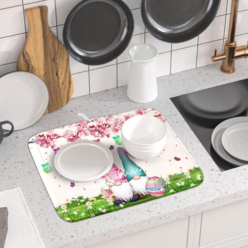 Easter Gnome Dish Drying Mat Floral Eggs Bunny Kitchen Drainer Mat 16x18 inch Absorbent Holiday Fast Dry Pad Protector for Counter Tabletop