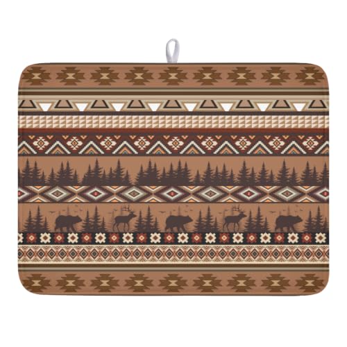 Rustic Bear Deer Dish Drying Mat Boho Ethnic Drainer Rack Pad 18x24 Inch Microfiber Absorbent Dish Sink Mat for Counter Kitchen Tableware