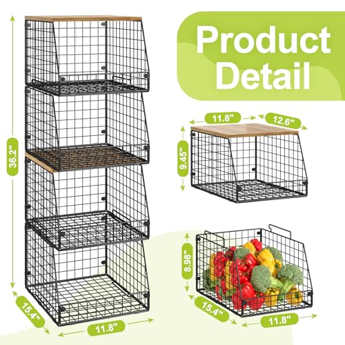 4 Pack Stackable Wire Baskets with Fixed Wooden Top (4 Count)