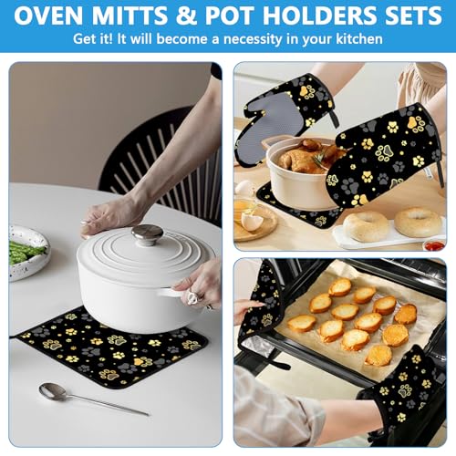 Gold Dog Paw Print Oven Mitts and Pot Holders Sets Heat Resistant 4Pcs Potholders Oven Gloves Hot Pads for Kitchen Baking Cooking Grilling BBQ (4 Count)