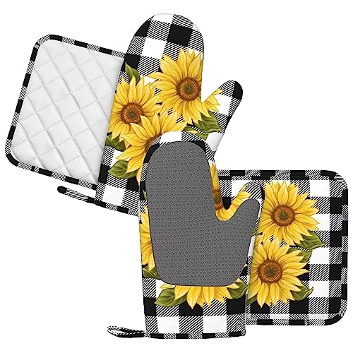 Sunflower Black White Buffalo Plaid Oven Mitts and Pot Holders Sets Silicone Yellow Floral Lumberjack Check Kitchen Mitts Potholders Heat Resistant 4Pcs Oven Gloves Hot Pads for Kitchen (4 Count)
