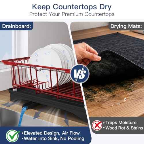 Red Dish Drying Rack in Sink with Drainboard and Utensil Holder