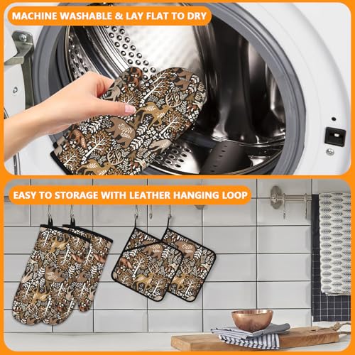 Bear Deer Oven Mitts and Wild Animals Pot Holders Sets 4Pcs