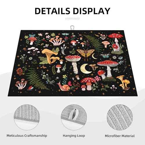 Mushroom Dish Drying Mat for Kitchen Counter 18"x24" Moth Gothic Witchy Dishes Pad Dish Drainer Rack Mats Microfiber Washable Absorbent Kitchen Decor