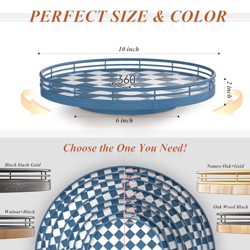 Blue and White Checkerboard Lazy Susan with Rubberwood Base and Metal Rail