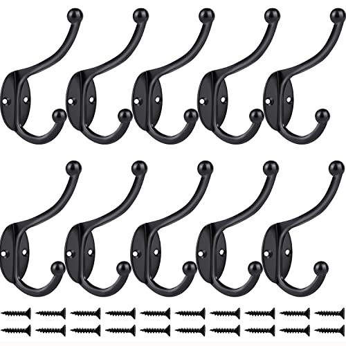 Wall Hooks 10Pcs Coat Hooks Hardware Towel Hooks for Hanging Coats Double No Rust Black Robe Hooks Wall Mounted with Screws for Key (10 Count)