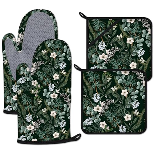 Botanical Print FloralOven Mitts and Pot Holders Sets Heat Resistant 4Pcs Potholders Oven Gloves Hot Pads for Kitchen Baking Cooking Grilling BBQ (4 Count)