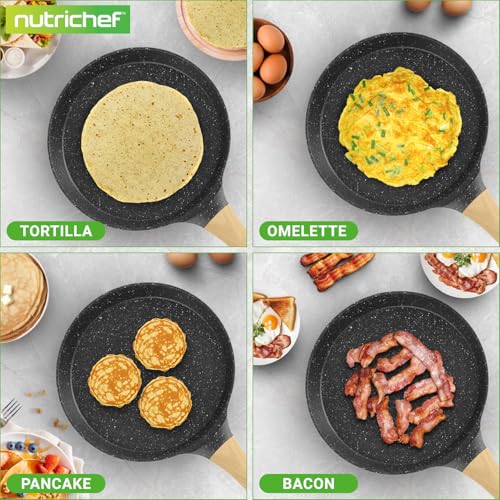 2-Pack Non-Stick Crepe Pan Set – 11” Marble Coated Dosa Pans with Wooden Spreaders, Bakelite and Wood Handles, Induction-Compatible, Easy-to-Clean, Stain-Resistant (Black Marble) (2 Count)