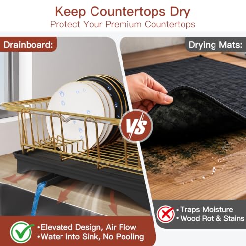 Gold Dish Drying Rack in Sink with Drainboard and Utensil Holder